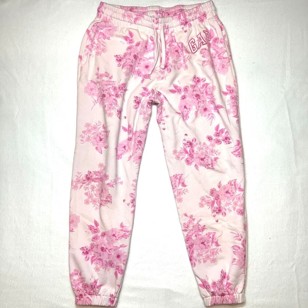 GAP pink on pink floral logo fleece joggers